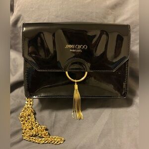 Jimmy Choo Black Patent Clutch with Gold Chain
